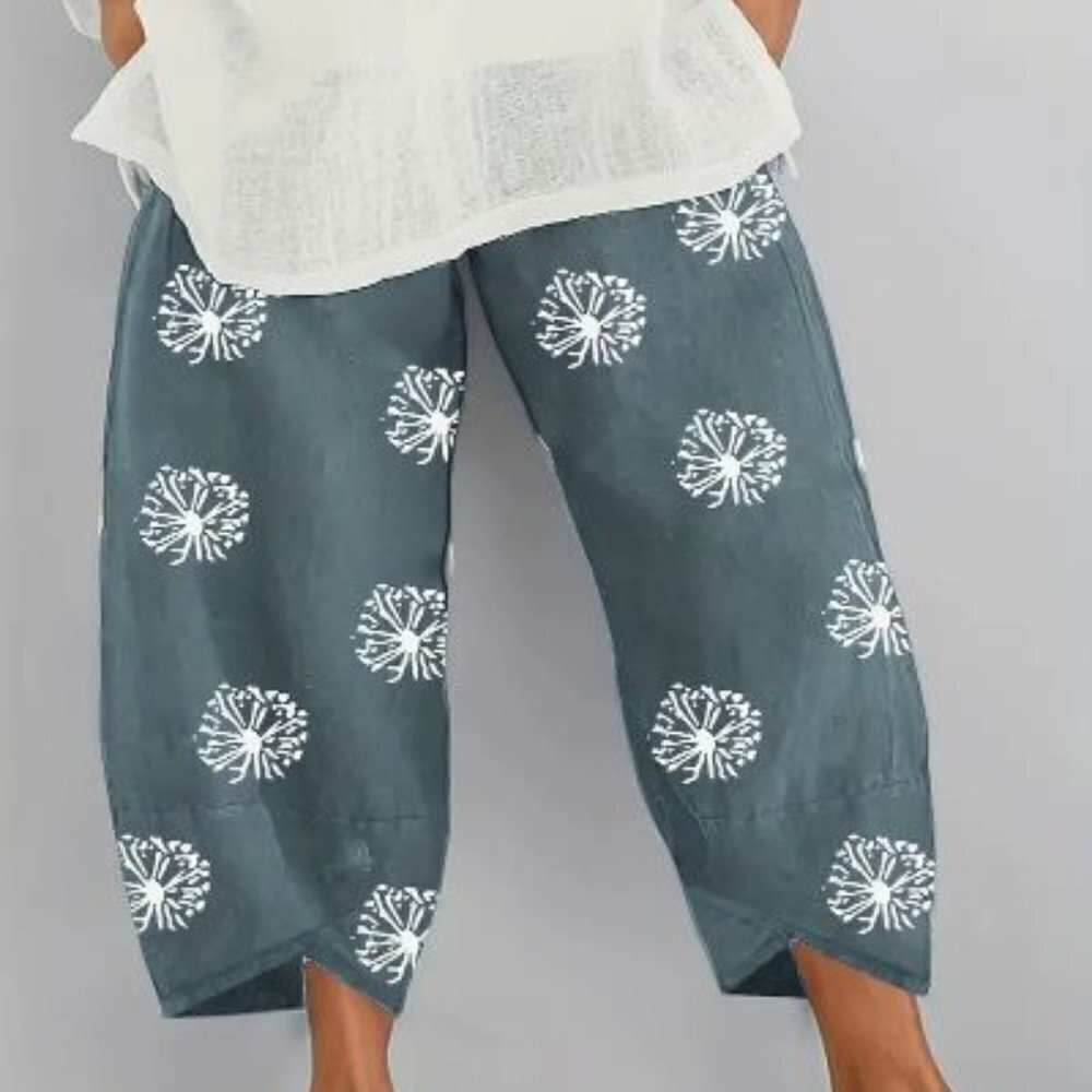 Plus Size Casual Pants, Women's Plus Dandelion Print Breathable Loose Fit Pants - Picture 1 of 3